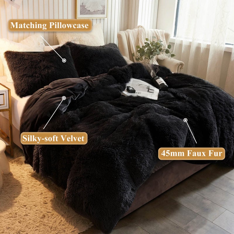XeGe Plush Shaggy Duvet Cover Set, Luxury Ultra Soft Crystal Velvet Fluffy Bedding Sets 3 Pieces(1 Furry Faux Fur Comforter Cover + 2 Fuzzy Faux Fur Pillow Cases), Zipper Closure(King, Black) - Image 2